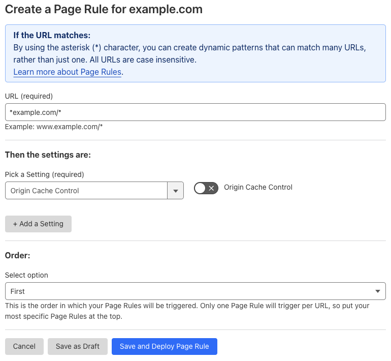 Example Page Rule with ‘Origin Cache Control’ setting